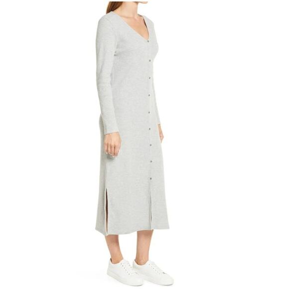 Caslon Ribbed Grey Front Button Knit Organic Cotton Blend Midi Dress Size Small - Picture 1 of 8